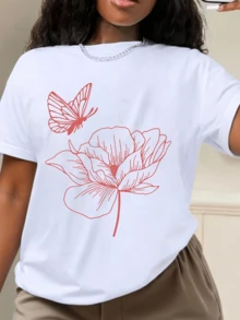 A Magnolia Flower With Soft Lines Represents Purity And Freedom, Accompanied By A Butterfly That Symbolizes Transformation And Hope. A Modern, Casual Women's T-Shirt For Comfortable And Stylish Everyday Wear. - 白色 - 查看 1
