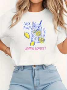 Glass With Lemon Slices, Fresh Leaves, And A Blue Straw That Convey Positive Energy And Summer Style For Those Who Love Freshness; Comfortable Casual Women's T-Shirt Ideal For Sunny Days - 白色 - 查看 1
