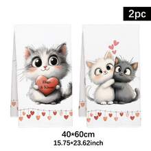 2pcs Cute Cartoon Hugging Cats Pattern Kitchen Towels, Soft Polyester Material Dish Cloths, Suitable For Kitchen Decor, Cleaning, Holiday Party Decoration, Kitchen & Bathroom Essentials, Home Decor, Housewarming Gift - Multicolor - View 3