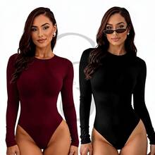 Set Of 2 Long-Sleeved Second Skin Bodysuits With Crew Neck, Plain Long Sleeves - 黑葡萄酒 - 查看 1