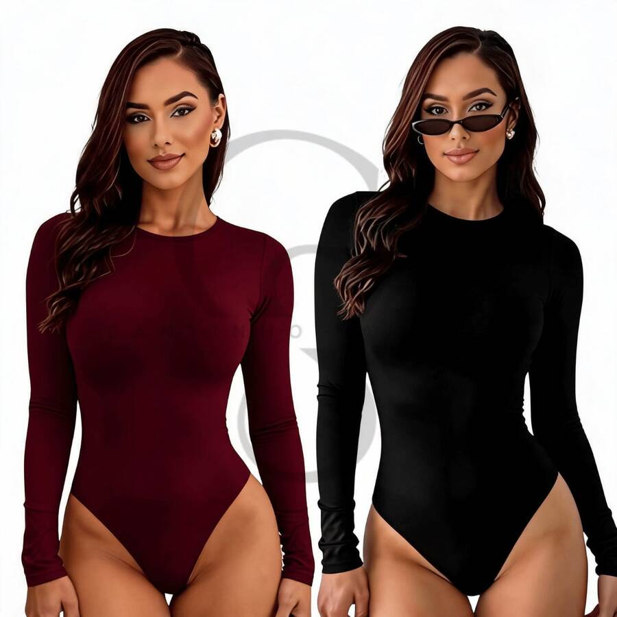 Set Of 2 Long-Sleeved Second Skin Bodysuits With Crew Neck, Plain Long Sleeves - 黑葡萄酒 - 查看 1