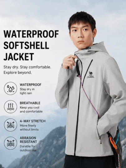CAMEL CROWN Men's Outdoor Softshell Jacket, Spring Style, Hooded, Water-Repellent, Tear-Resistant, Anti-Static, Hiking And Mountaineering Clothing.