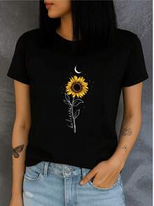 A Bright Sunflower Symbolizing Positive Energy And Hope Under A Crescent Moon Where Light And Faith Unite, Showing Optimism And Confidence In Every Step. A Comfortable, Casual, Fitted Women's T-Shirt For Everyday Wear. - 黑色 - 查看 8
