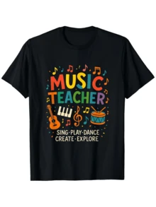 Colorful Notes Floating Around Musical Instruments Like Guitar, Keyboard, Drum, And A Sun Symbol Inspire Joy, Creativity, And A Passion For Teaching Art And Music. A Comfortable, Modern, Casual Women's T-Shirt For Everyday Wear. - 黑色 - 查看 6