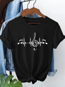 Notas musicales que forman el pulso de un corazón vibrante simbolizando la energía que la música aporta al alma y la conexión emocional con cada latido camiseta de mujer casual moderna cómoda para uso diario - Negro - Ver 1