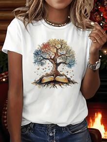 Árbol de sabiduría que brota de un libro abierto cuyos colores reflejan las estaciones y simbolizan el crecimiento interior y la conexión con la naturaleza camiseta de mujer casual cómoda para diario - Blanco - Ver 1