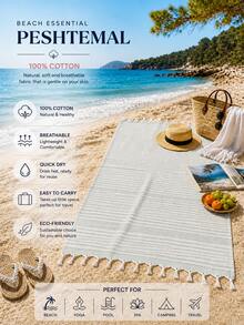 100% Cotton Turkish Beach Towel - Striped Peshtemal With Tassels- Quick-Dry & Soft Boho Beach Blanket - Pastel Green - View 3