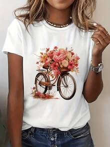 Camiseta Casual de Verano para Mujer con Estampado de Flores Románticas y Motivos de Bicicleta - Manga Corta y Cuello Redondo, Ligera y Transpirable, Ideal para Looks de Primavera y Verano | Camiseta con Estampado Floral | Ajuste Cómodo, Camisetas para Mujer - Blanco - Ver 2