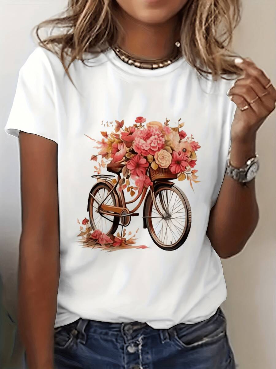 Camiseta Casual de Verano para Mujer con Estampado de Flores Románticas y Motivos de Bicicleta - Manga Corta y Cuello Redondo, Ligera y Transpirable, Ideal para Looks de Primavera y Verano | Camiseta con Estampado Floral | Ajuste Cómodo, Camisetas para Mujer