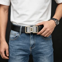 1條男士自動扣皮帶 - 男士皮革腰帶 3.5cm 正裝褲用 - 可調節腰帶飾邊，合金扣 - 黑色 - 查看 3