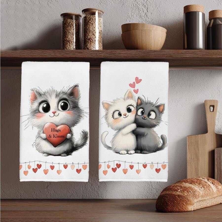2pcs Cute Cartoon Hugging Cats Pattern Kitchen Towels, Soft Polyester Material Dish Cloths, Suitable For Kitchen Decor, Cleaning, Holiday Party Decoration, Kitchen & Bathroom Essentials, Home Decor, Housewarming Gift - Multicolor - View 1