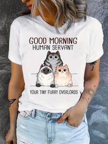 Three Adorable Cats With Funny Expressions Symbolizing Unconditional Love And The Playful Relationship Between Humans And Pets. Casual Women's T-Shirt With A Funny Message, Ideal For Cat Lovers. - 白色 - 查看 8