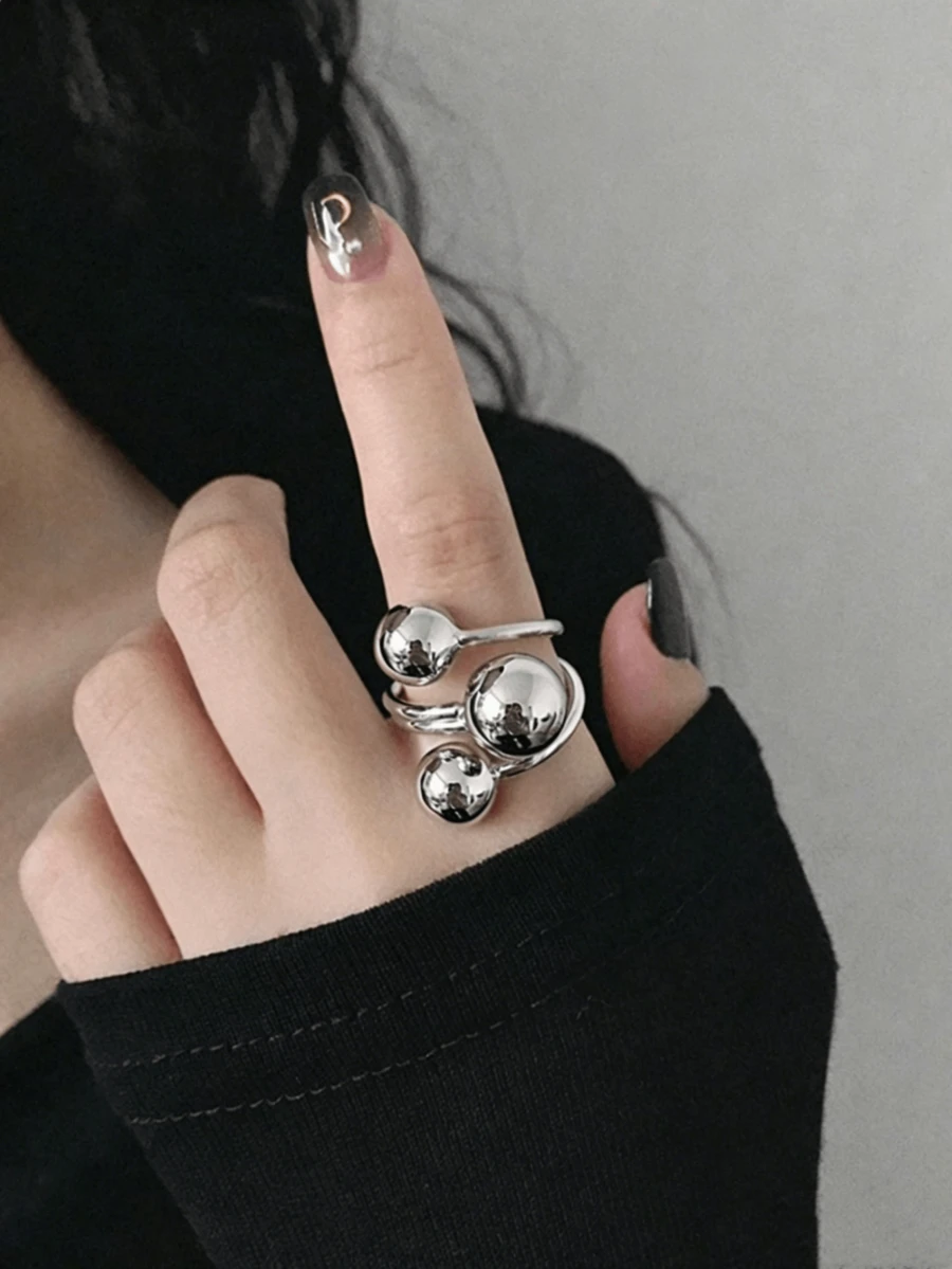 Nhẫn bạc mạ nhiều lớp kiểu dáng tối giản, thiết kế hở, có thể điều chỉnh kích thước, kiểu dáng to bản, là món quà trang sức độc đáo dành cho nữ, thích hợp đeo hàng ngày. - Bạc - Xem 1