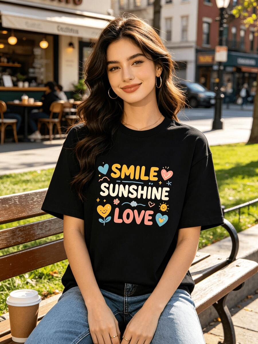 Camiseta Deportiva Casual para Mujer en Negro con Texto SONRÍE SOL AMOR - Camiseta Elástica de Cuello Redondo, Lavable aáquina, Confortable y Apta para Todas las Estaciones, para Uso Diario y Actividades Informales. - Negro - Ver 1