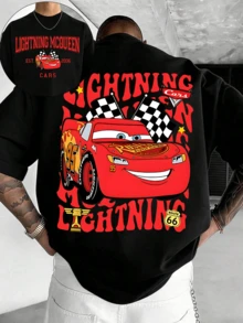 Disney Licensed Cars Lightning McQueen Racing Graphic T-Shirt, Casual Cool Style, Ultra-Soft Breathable Fabric, Perfect For Daily Wear & Movie Fan Events, Men's - 黑色 - 查看 1