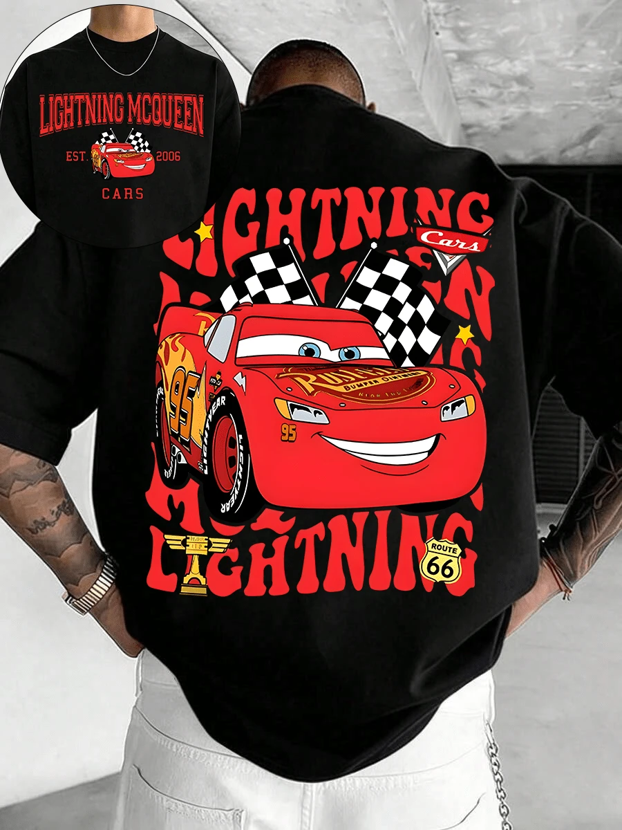 Disney Licensed Cars Lightning McQueen Racing Graphic T-Shirt, Casual Cool Style, Ultra-Soft Breathable Fabric, Perfect For Daily Wear & Movie Fan Events, Men's - 黑色 - 查看 1