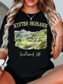 Scottish Highlands Landscape With Country Houses Nestled Among Green Hills And A Tranquil River Reflecting The Serenity Of The British Countryside. Comfortable Casual Women's T-Shirt For Everyday Wear And Travel. - 黑色 - 查看 8