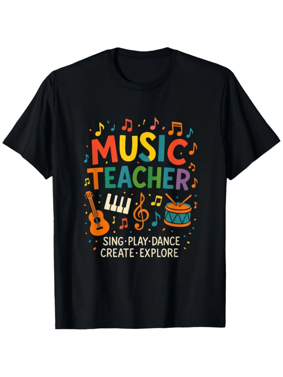 Colorful Notes Floating Around Musical Instruments Like Guitar, Keyboard, Drum, And A Sun Symbol Inspire Joy, Creativity, And A Passion For Teaching Art And Music. A Comfortable, Modern, Casual Women's T-Shirt For Everyday Wear. - 黑色 - 查看 1