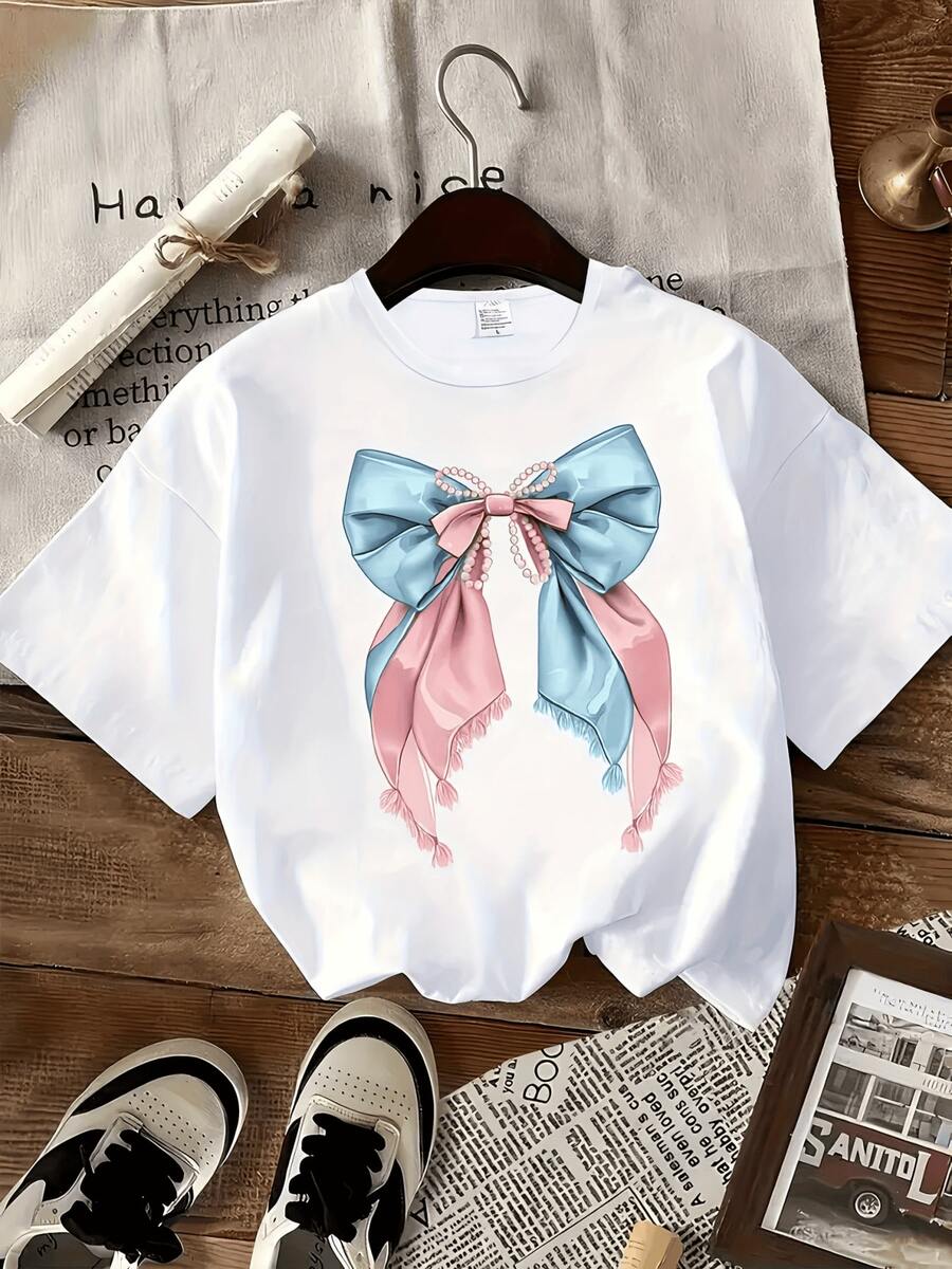 Gran lazo rosado y azul adornado con perlas simboliza dulzura y elegancia reflejando un espíritu delicado y alegre camiseta de mujer casual cómoda moderna para uso diario - Blanco - Ver 1