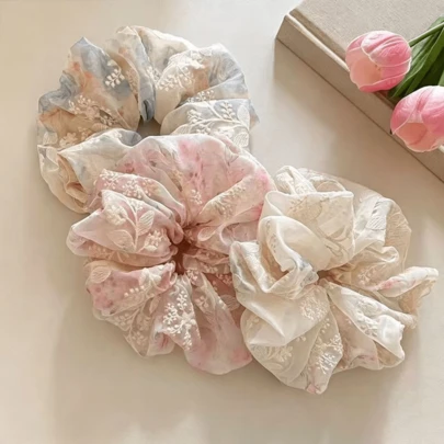 Scrunchie bordado con flores, nueva cinta de pelo de poliéster con estampado floral elegante, sujetador de coleta, primavera/verano