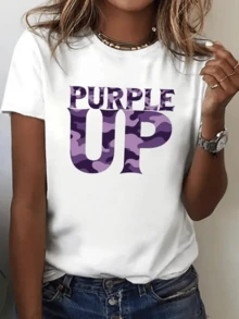 Large Letter Pattern In Purple With A Camouflage Texture Symbolizing Energy, Confidence, And Creativity-Perfect For Showcasing A Modern Personality. A Stylish, Casual Women's T-Shirt For Everyday Wear. - 白色 - 查看 8