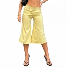 Fold Over Wide Leg Capri Pants For Women Low Rise Cropped Gaucho Pants Casual Lounge Pajamas Pants - Pink - View 5