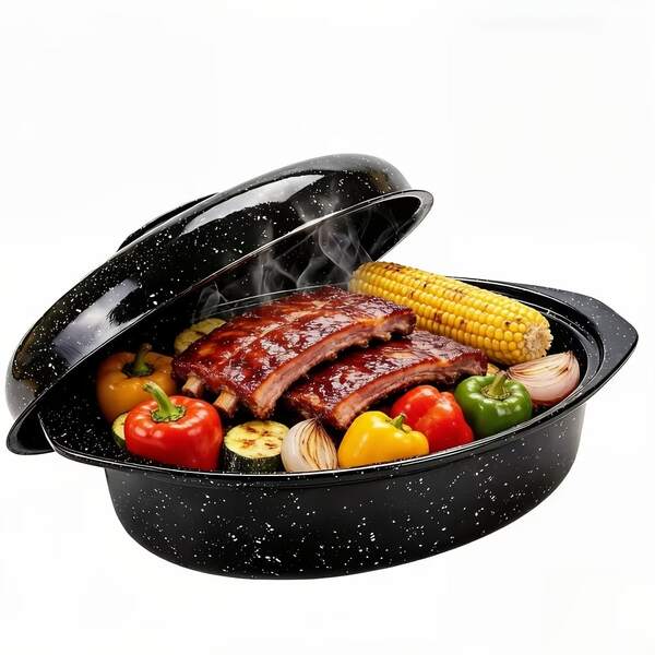Pacilack 13/15IN Roasting Pan,Enameled Oval Roasting Pan With Domed Lid, Oval Turkey Roaster Pot, Broiler Pan Great - For Roasted Turkey, Chicken, Lamb, Vegetables
