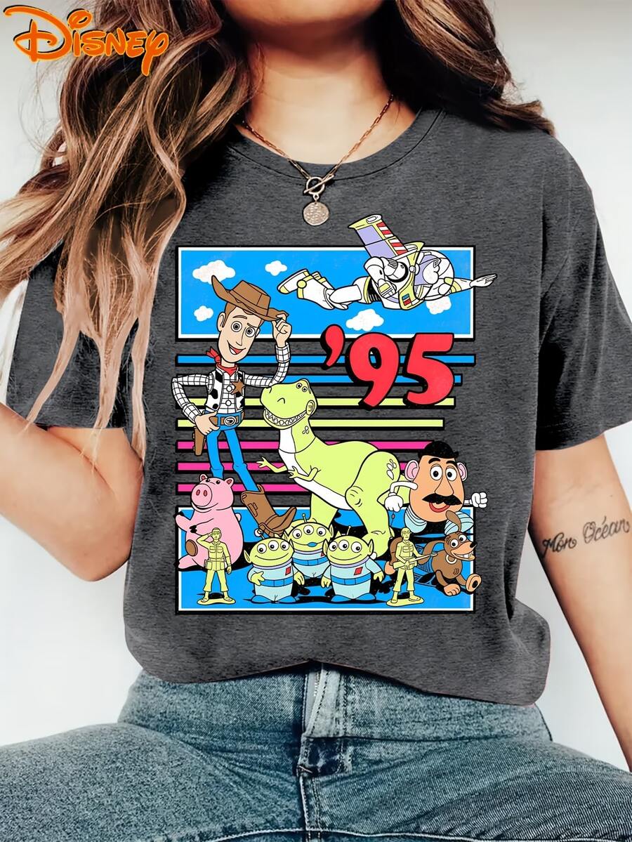Ladies Disney Retro 95s Toy Story T-Shirt-Retro 90s Short-Sleeved Shirt With Iconic Cartoon Print, Plus-Size Round Neck Shirt-Suitable For Spring, Summer And Autumn Wear, Suitable For Everyday Casual Wear And Travel. - Màu xám đen - Xem 1