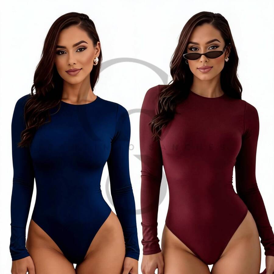 Set Of 2 Long-Sleeved Second Skin Bodysuits With Crew Neck, Plain Long Sleeves - 海軍藍酒紅 - 查看 1
