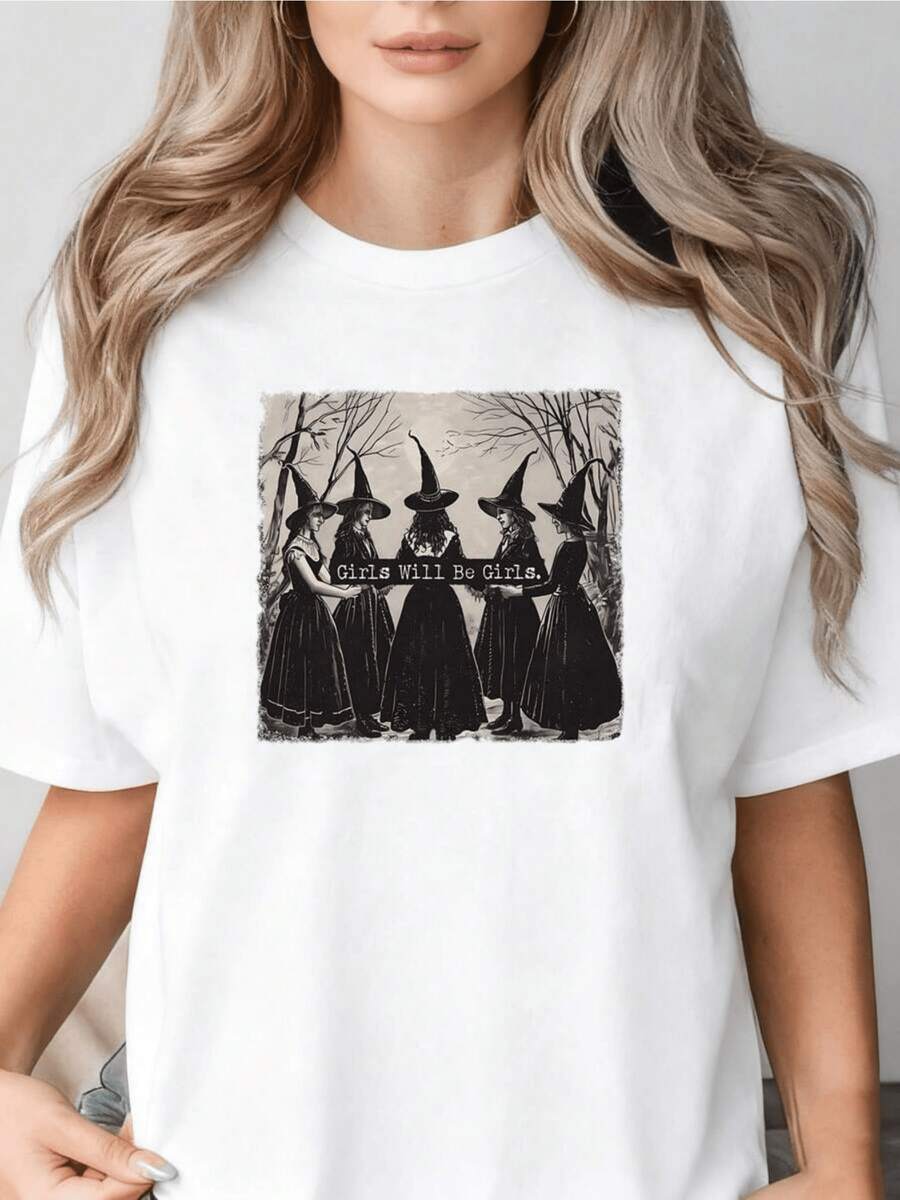 Five Women Wearing Witch Hats United In A Forest Symbolizing Feminine Strength And Shared Magic. Comfortable, Modern, Casual Women's T-Shirt For Everyday Wear. - 白色 - 查看 1