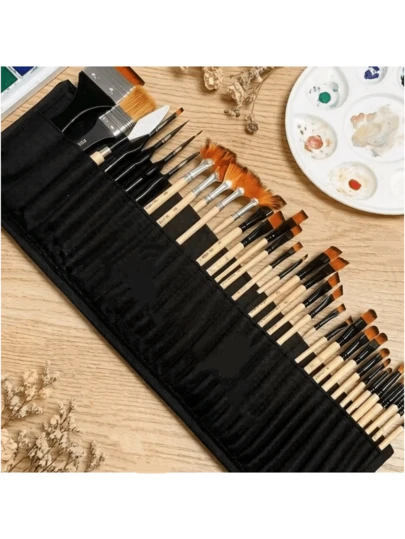 36支装艺术家画笔套装，尼龙毛，包含圆头、平头、扇形、细节斜角笔，适合初学者和专业艺术家，可用于丙烯、油画、水彩等绘画，附赠画笔袋
