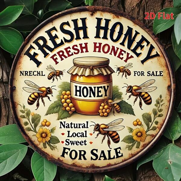 2D平面 1件裝復古「Fresh Honey Offer」金屬牆飾牌 8x8英吋 鄉村農舍風蜜蜂與蜜罐藝術圖案 幽默廚房裝飾牌 適用於居家、咖啡廳、花園、露台 無需用電 聖誕節感恩節畢業禮物 花園裝飾牌 耐用戶外藝術品 房間裝飾用 預鑽孔 款式如尺寸圖所示