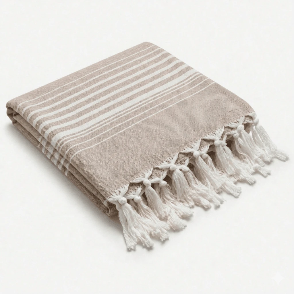 100% Cotton Turkish Beach Towel - Striped Peshtemal with Tassels- Quick-Dry & Soft Boho Beach Blanket - 米色 - 查看 1