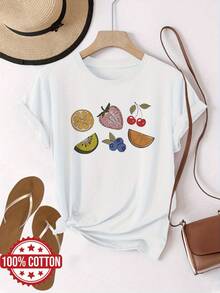 Colorful Fruits In Harmony Representing Freshness, Vitality, Joy And Energy With Details Of Lemon, Strawberry, Cherry, Kiwi, Blueberry And Orange. Comfortable Casual Women's T-Shirt For Everyday Wear - 白色 - 查看 1