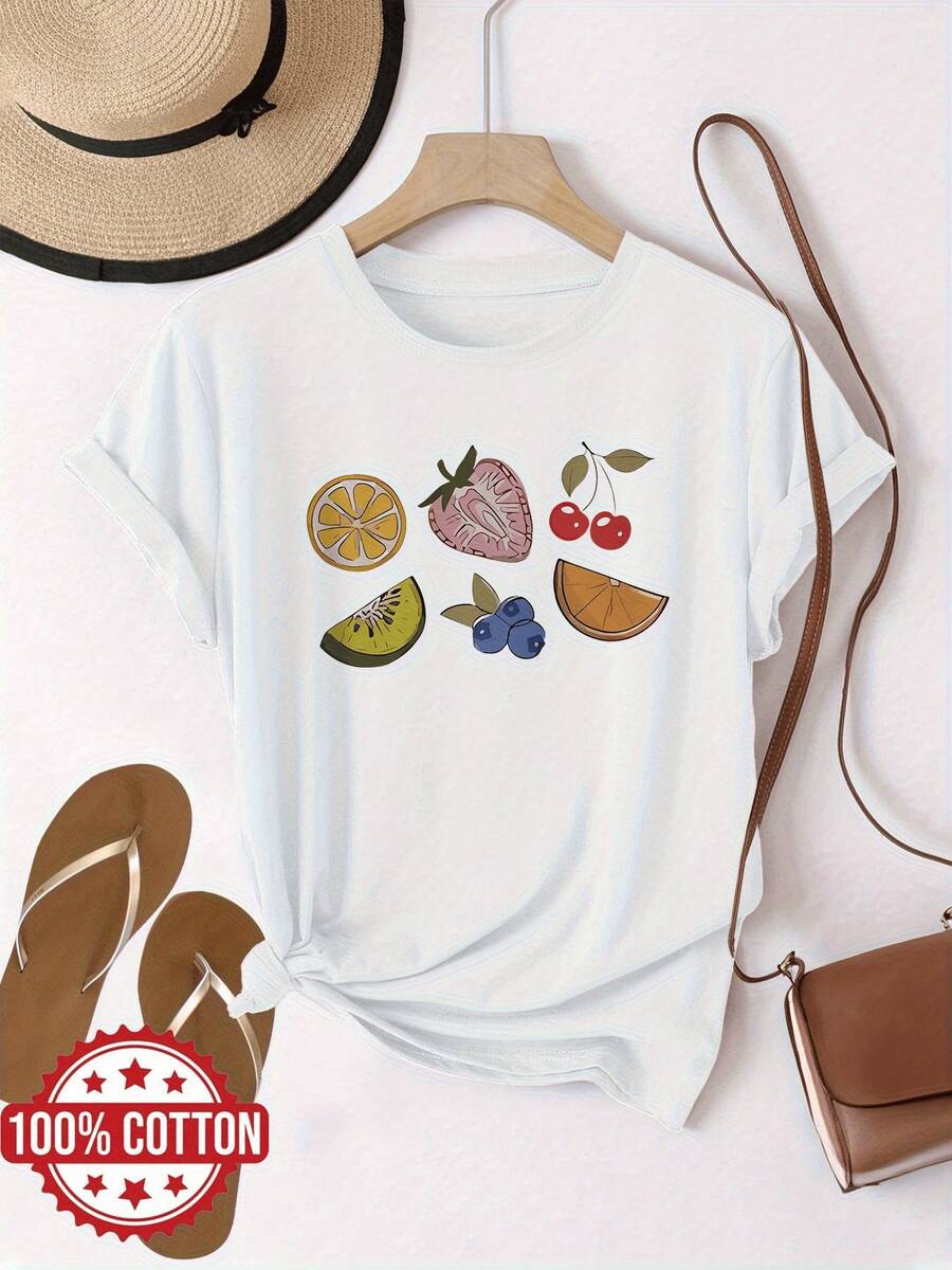 Colorful Fruits In Harmony Representing Freshness, Vitality, Joy And Energy With Details Of Lemon, Strawberry, Cherry, Kiwi, Blueberry And Orange. Comfortable Casual Women's T-Shirt For Everyday Wear - 白色 - 查看 1