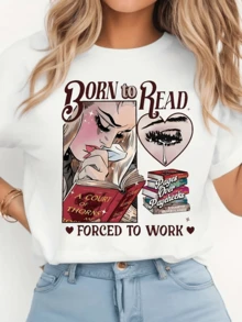 Image Showing A Woman Reading Passionately With Tears Of Emotion While Holding Books And Expressing Love For Reading Against A Light Background. Modern, Comfortable Casual Women's T-Shirt For Book Lovers - 白色 - 查看 1
