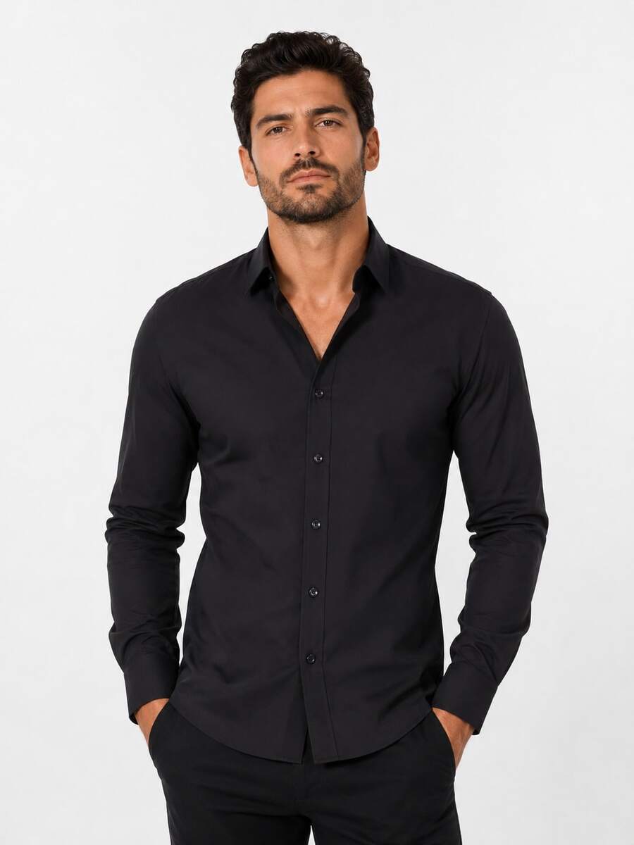 Rand paul Men's Long Sleeve Dress Shirt Office Casual Good Quality Slim Fit With Spandex - 黑與白 - 查看 1