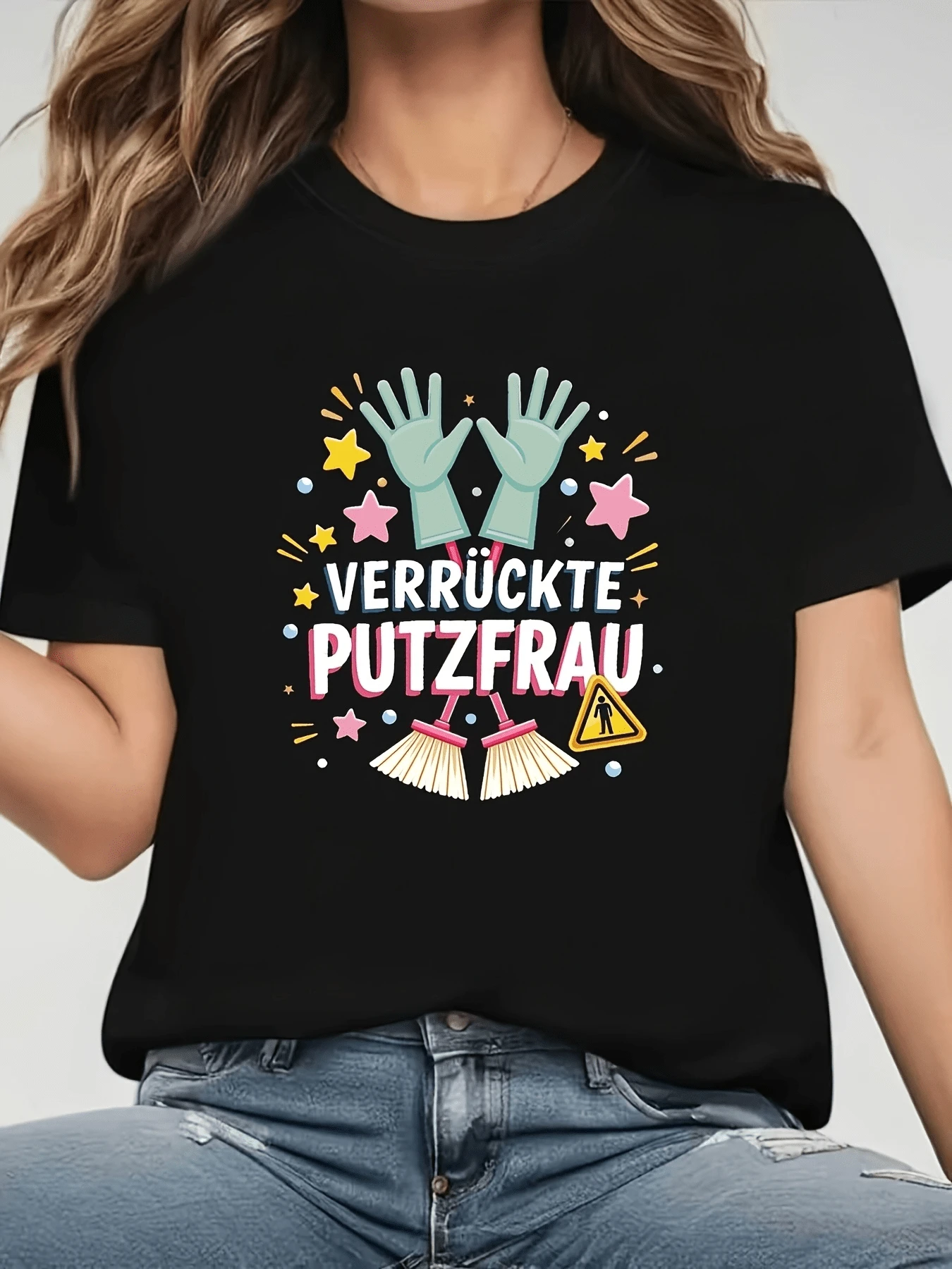 Green Gloves With Colorful Stars And Crossed Brooms Symbolize Fun Energy And Pride In Cleaning, Reflecting Humor And Everyday Joy. Comfortable, Modern Casual Women's T-Shirt - Black - View 1