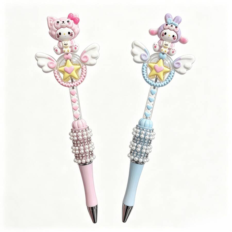 Bút bi đính hạt Sanrio (1 chiếc) - Bút bi giả ngọc trai thời trang | Thiết kế "Đũa thần" chủ đề sở hữu trí tuệ của Sanrio (Điểm nhấn ngôi sao và cánh) | Thân bút màu hồng/xanh chuyển sắc - Lý tưởng cho học sinh và viết nhật ký | Quà sinh nhật nhỏ - Bút cánh sao - Xem 1