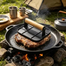 1pc Heavy-Duty Cast Iron Grill Press And Steak Weight With Cool-Touch Comfort-Grip Wood Handle - BBQ Accessories For Griddle, Outdoor Grill, Panini, Tortilla  - Black - View 4