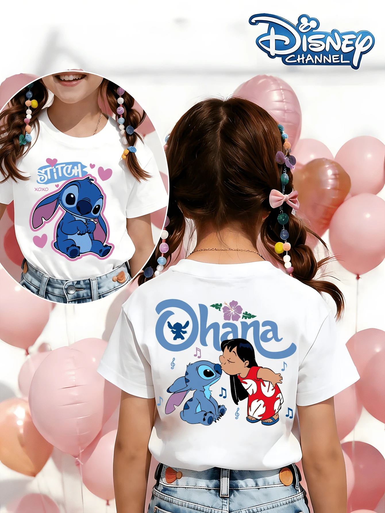 Disney Lilo & Stitch Ohana Flower Kissing Scene Printed Pattern T-Shirts For Girls - Children's Clothing Design Short-Sleeved Casual And Cute Style Comfortable And Casual Wear All Year Round Suitable For Parties And Play Machine Washable Gift Children's Clothing Girls' Short-Sleeved Shirts - trắng - Xem 1
