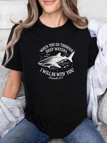Shark Swimming In Deep Waters Symbolizing Strength, Hope, And Faith In Difficult Times With An Inspirational Biblical Phrase. Women's Casual, Modern, Comfortable T-Shirt - Black - View 6