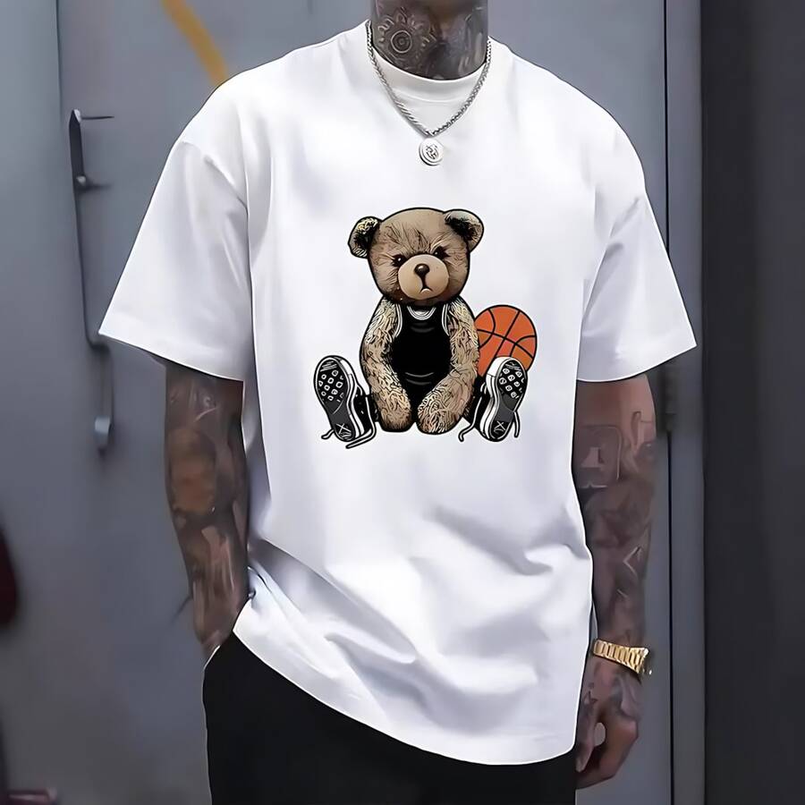 Unisex Casual Short-Sleeved T-Shirt With Bear Print For Summer - 白色 - 查看 1