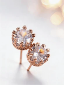 Bông tai đính đá Zirconia tròn hình vương miện, trang sức tai tối giản màu bạc lấp lánh. - Bông tai - Xem 9