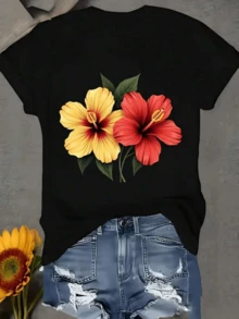 Flores de hibisco rojas y amarillas que evocan la calidez tropical y la energía del verano camiseta de mujer moderna para uso casual cómodo y atractivo - Negro - Ver 8