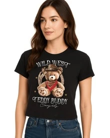 Cowboy Teddy Bear With Hat And Red Bandana Conveying Tenderness And The Spirit Of The Wild West With Gold Star Details, Women's Casual Modern Comfortable T-Shirt For Everyday Wear - 黑色 - 查看 1
