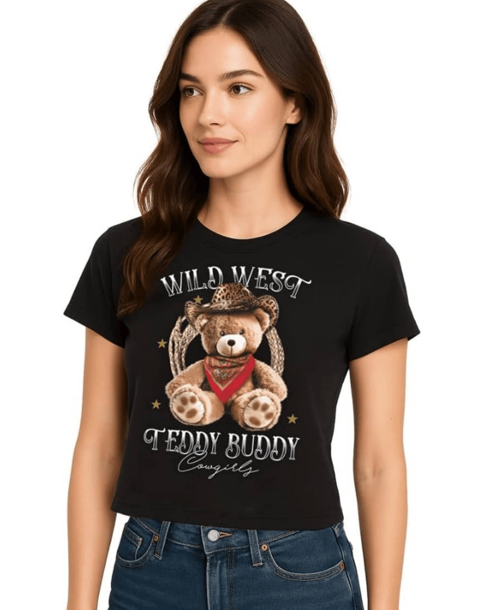 Cowboy Teddy Bear With Hat And Red Bandana Conveying Tenderness And The Spirit Of The Wild West With Gold Star Details, Women's Casual Modern Comfortable T-Shirt For Everyday Wear - 黑色 - 查看 1