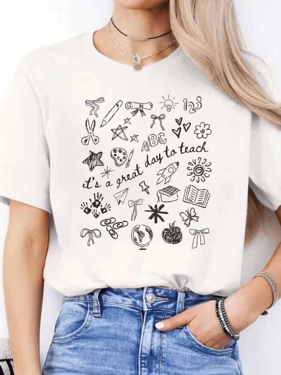 Símbolos de creatividad con libros lápices corazones estrellas y frases que inspiran el amor por la enseñanza y la imaginación camiseta de mujer cómoda casual para uso diario y expresión personal - Blanco - Ver 1