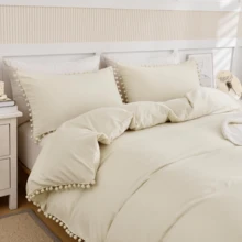 Double-Layer Quilt Cover Set - Light-Colored Fringed Velvet Ball Bedding Set (3-Piece Set) Including 2 Pillowcases. Soft And Comfortable Microfiber Double-Layer Bedding Set With Zipper Closure. Suitable For All Seasons (200x200 Cm) - Seersucker (Beige) - View 1