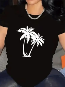 Two Intertwined White Palm Trees Evoke The Tranquility And Freshness Of A Tropical Afternoon By The Sea With A Gentle Breeze And A Feeling Of Freedom. Comfortable Casual Women's T-Shirt For Summer - 黑色 - 查看 1